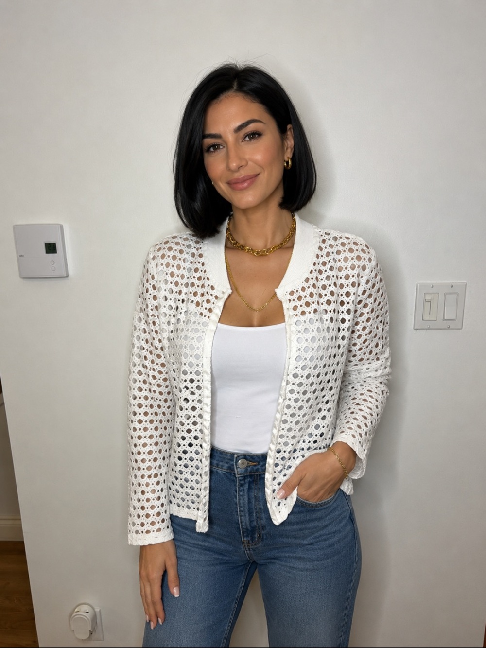 Open Crochet Knit White Cardigan Sweater❤️M/L